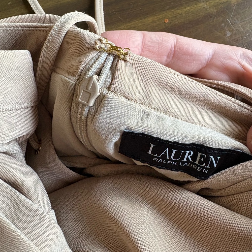 Lauren Ralph Lauren Lace Up Dress Midi Stretch Womens 12 Flowy Tan Flounce Work - Picture 8 of 10